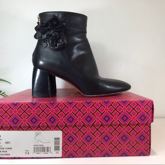 TORY BURCH BLOSSOM CALF LEATHER ANKLE BOOTIES BLK SZ 7.5 - Picture 7 of 16